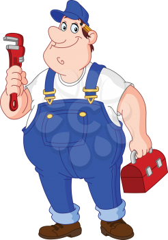 Smiley repairman holding big wrench and tool box