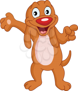 Cheerful dog pointing and presenting with his hands