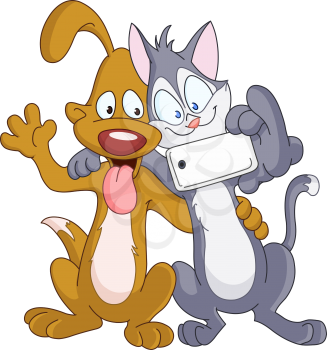 Dog and cat taking a selfie, self portrait picture, with a smart phone