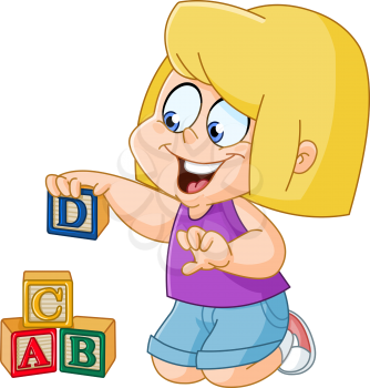 Little girl playing with wooden alphabet blocks