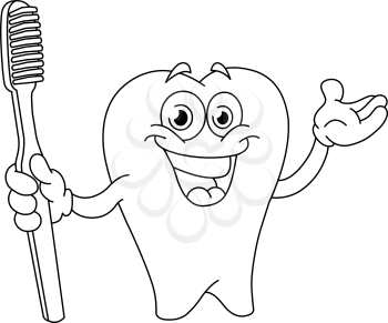Outlined cartoon tooth holding a toothbrush. Vector illustration coloring page.