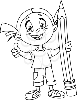 Outlined young girl holding a big pencil and showing thumb up. Vector illustration coloring page.