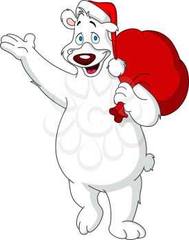 Happy polar bear wearing Santa Claus hat and carrying red gifts sack