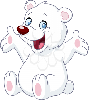 Happy white teddy bear raising his arms