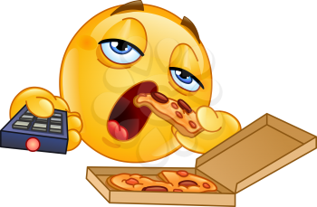 Couch potato slob emoticon watching TV and eating pizza 