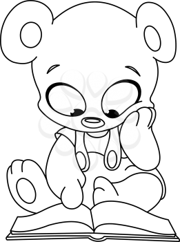 Outlined cute teddy bear reading a book. Vector line art illustration coloring page.