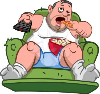 Couch potato slob overweight man sitting on the sofa, eating pizza slice and popcorn while watching TV 