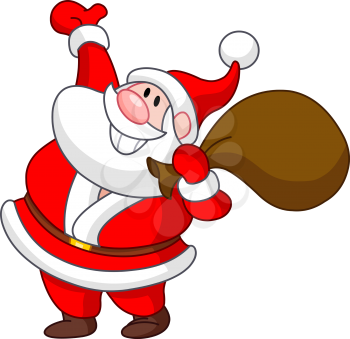 Happy Santa Claus carrying a gift sack and raising his arm