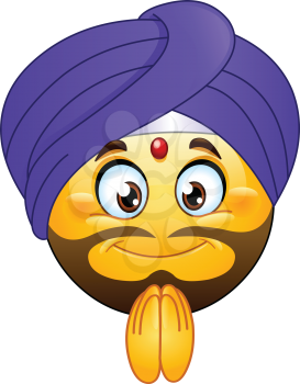 Traditional bearded Indian male emoji emoticon with a red tikka on his forehead wearing a purple turban and making a Namaste gesture