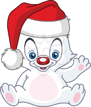 Christmas baby polar white teddy bear waving and wearing a Santa hat
