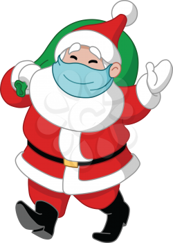 Walking Santa Claus with medical mask over his mouth carrying gift sack and waving hello
