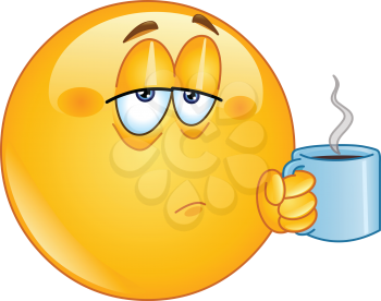 Tired emoji emoticon holding coffee morning mug