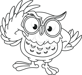 Owl touching his glasses. Vector line art illustration coloring page.