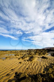 footstep in lanzarote   spain  rock stone sky cloud beach   coastline water  musk pond  and summer