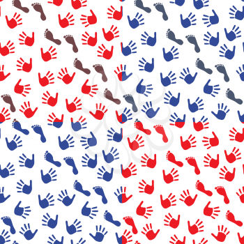 Four seamless vector pattern with colorful imprints of children's hands and feet on a white background