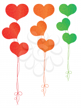 Colorful helium balloons in the shape of hearts isolated on the white background, hand drawing vector illustration