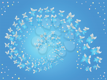 Spiral of flying butterflies on a blue background, hand drawing vector work