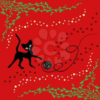 Black cat playing with ball of yarn over red, hand drawing vector illustration