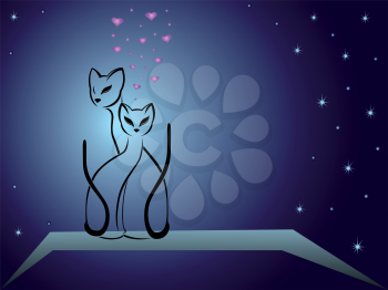 Enamoured cats on a background of dark blue night sky, hand drawing cartoon vector illustration