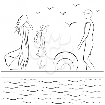 Family at sea pier at sunset, hand drawing black and white vector illustration