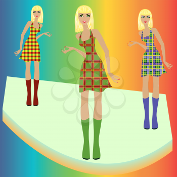 Stylish fashion blond models posing on in various checkered dresses, hand drawing vector illustration