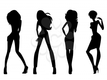 Set of four black silhouettes of fashion posing models isolated on white background, hand drawing vector illustration