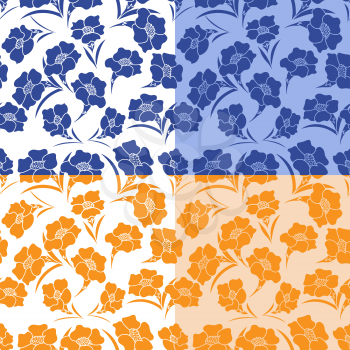 Four identical seamless herbal patterns in different colors, hand drawing vector illustration