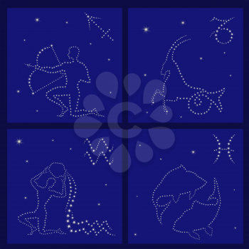 Four Zodiac signs on the starry sky vector illustration: Sagittarius, Capricorn, Aquarius, Pisces