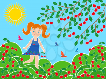 Small children girl near cherry tree in sunny summer day, multicolor vector illustration