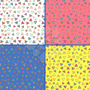 Four identical seamless vector patterns with different colorful triangles