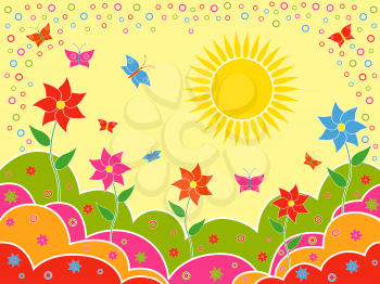 Sunny summer landscape as children wallpaper, multicolor hand drawing vector illustration