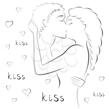 Abstract gradient contour of young couple kissing, hand drawing vector artwork