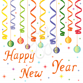 Happy New Year composition with serpentine and New Year decorations, hand drawing vector illustration