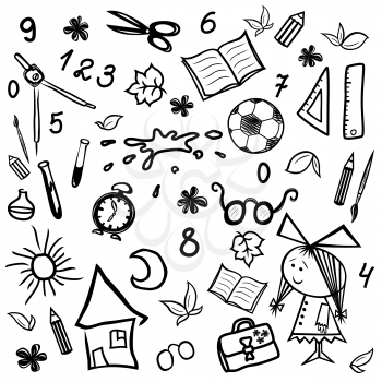 Set of monochrome sketches by children and school themes, vector illustration hand drawing