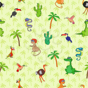 Seamless various south animals and plants pattern with cartoon cactus, monkey, ostrich, hummingbird, crocodile, boa, palm, toucan and parrot. Background with palms can be used as a separate seamless p