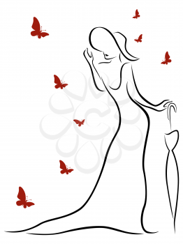 Lady in long gown and wearing a hat with an umbrella and butterflies around her, contour vector Illustration