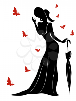 Lady in long gown and wearing a hat with an umbrella and butterflies around her, contour vector Illustration