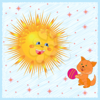 Smiling Sun and Kitten with a ball against the sky. Hand drawing greeting card vector illustration