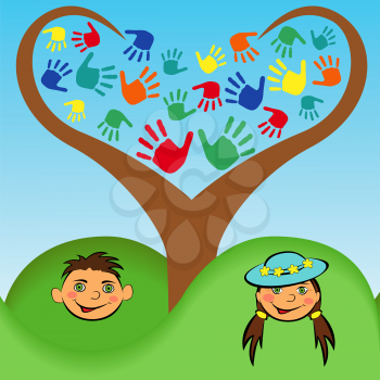 Face of a boy and a girl under the stylized tree with a crown in the shape of heart and with many prints of hands and feet. Hand drawing vector illustration