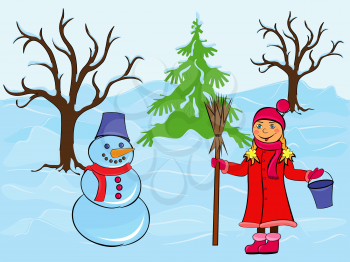 Child girl and snowman among the trees and snow drifts, hand drawing cartoon vector illustration