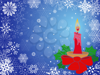 Christmas greeting card with red candle and snowflakes in blue hues, hand drawing vector illustration