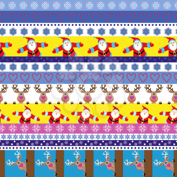 Christmas and New Year striped seamless vector pattern with cute Santa Claus, reindeer and multicolour horizontal strips