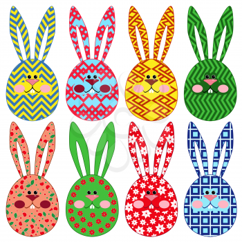 Eight stylized colorful Easter rabbit ornamental faces isolated on a white background, hand drawing vector illustration