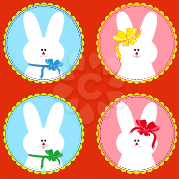 Set of four funny rabbits in round frameworks, hand drawing vector illustration