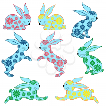 Set of eight stylized colorful Easter ornamental rabbits isolated on a white background, hand drawing vector illustration