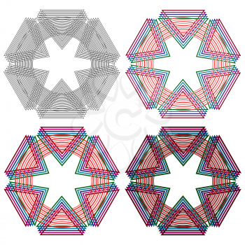 Four abstract colorful vector circular colorful shapes with triangles same as a wicker pattern with different details in performance