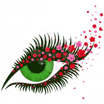 Female green eye with small pink flowers of sakura, hand drawing vector illustration