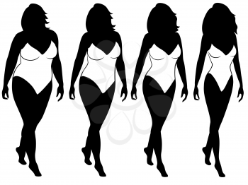 Four stages of abstract woman on the way to lose weight, black and white vector silhouettes isolated on white background