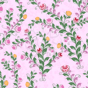 Floral seamless vector pattern with flowering plants, hand drawing illustration