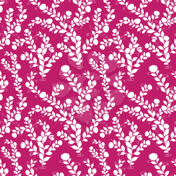 Floral seamless vector pattern with flower white silhouettes on pink background, hand drawing illustration